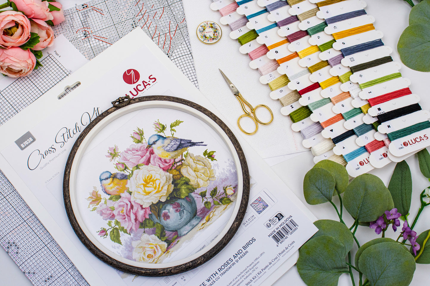 Cross Stitch Kit Luca-S - Vase with Roses and Birds, B7038