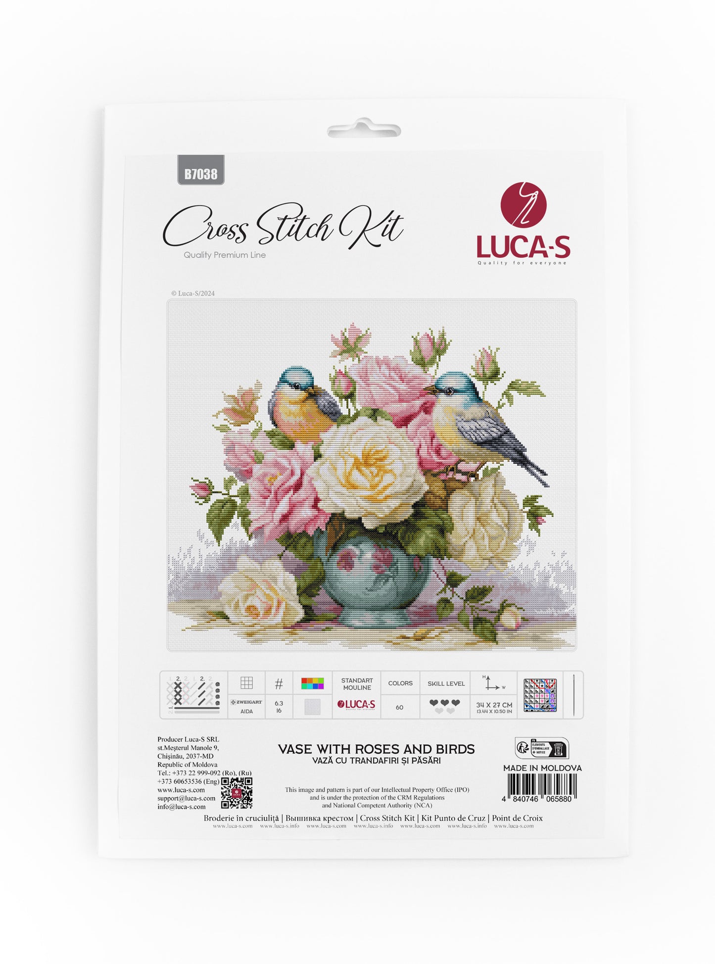 Cross Stitch Kit Luca-S - Vase with Roses and Birds, B7038