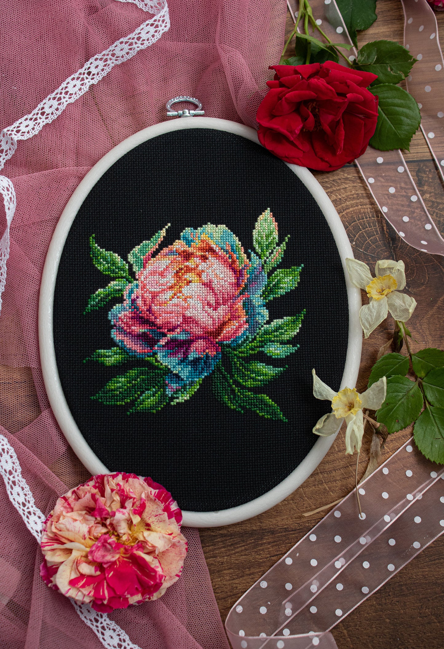 Cross Stitch Kit with Hoop Included Luca-S - ''Abalone Pearl'' Peony, BC203