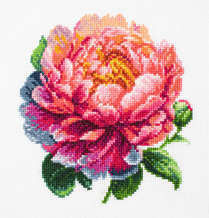 Cross Stitch Kit with Hoop Included Luca-S - ’’Coral Charm’’ Peony, BC205
