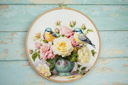 Cross Stitch Kit Luca-S - Vase with Roses and Birds, B7038