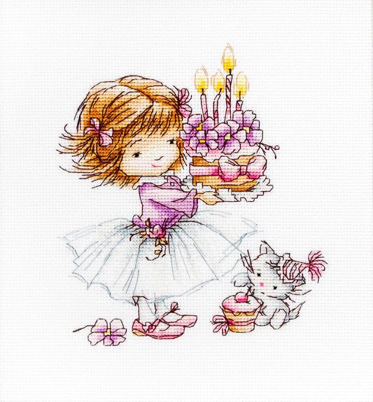 Набор для вышивки крестом Luca-S - Маленькая девочка с котенком и тортом, B1054