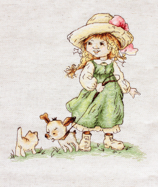 Набор для вышивки крестом Luca-S - Девочка со щенком и котенком, B1104